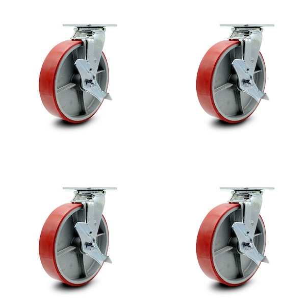 8 Inch Red Poly on Cast Iron Caster Set with Ball Bearings and Brake/Swivel Lock